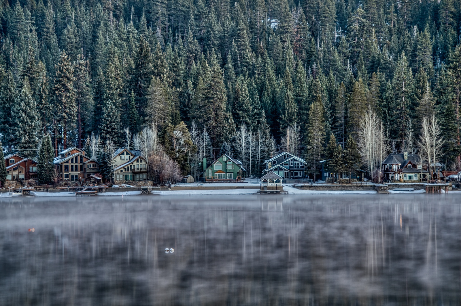 A lake view with houses and trees